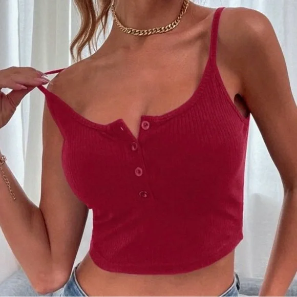 Red Ribbed Button-Front Cami Top - Picture 3 of 5